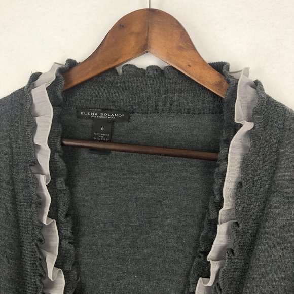 Elena Solano Women's Size Small Grey Open Front Ruffle Trim Merino Wool Cardigan - Picture 2 of 8